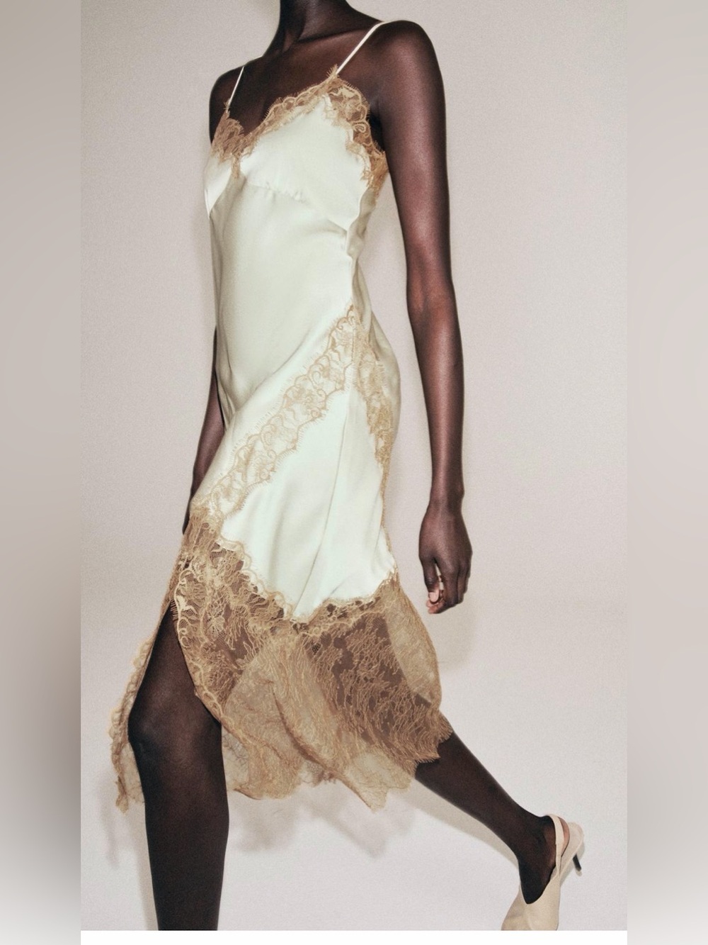 NWT Zara Pale Sea Green Slip Dress with Tan Lace Trim Size Large 2678/048 - Picture 3 of 10